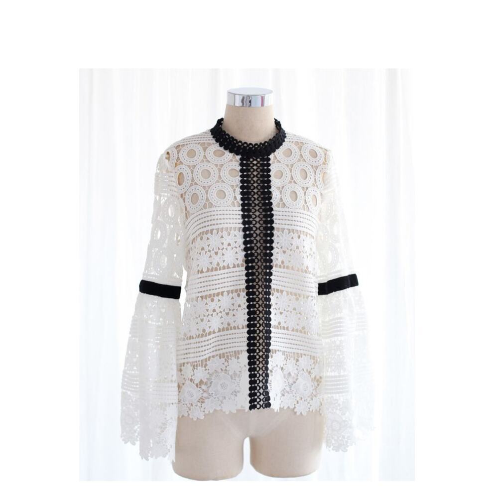 Chicwish White/Black Crochet eyelet Blouse - Picture 3 of 5